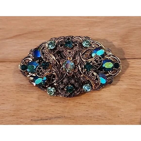 Vtg West Germany Filigree Blue Green Glass Rhinestone Brooch Gold Tone - Picture 1 of 5